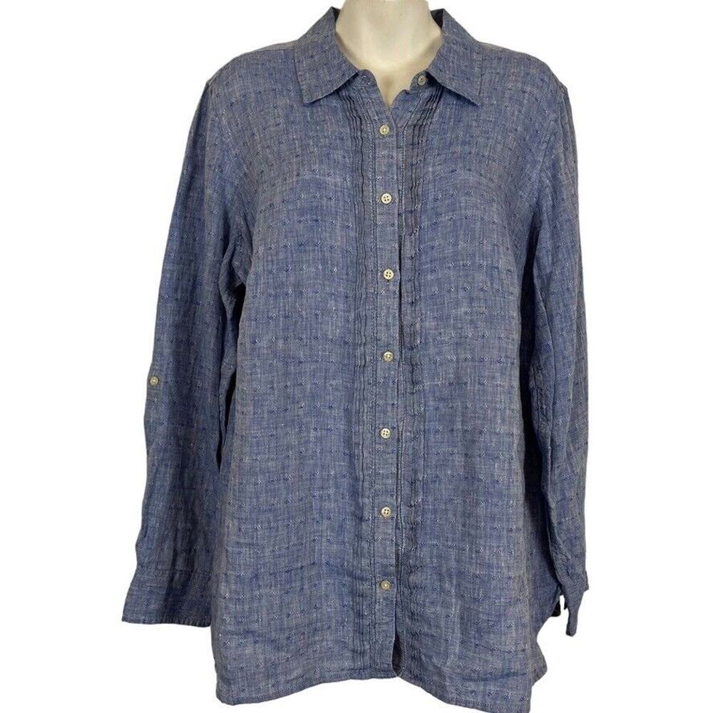 Talbots Plus Womens 100% Linen Casual Long Sleeve Button Up Blue Shirt Top 0X /X